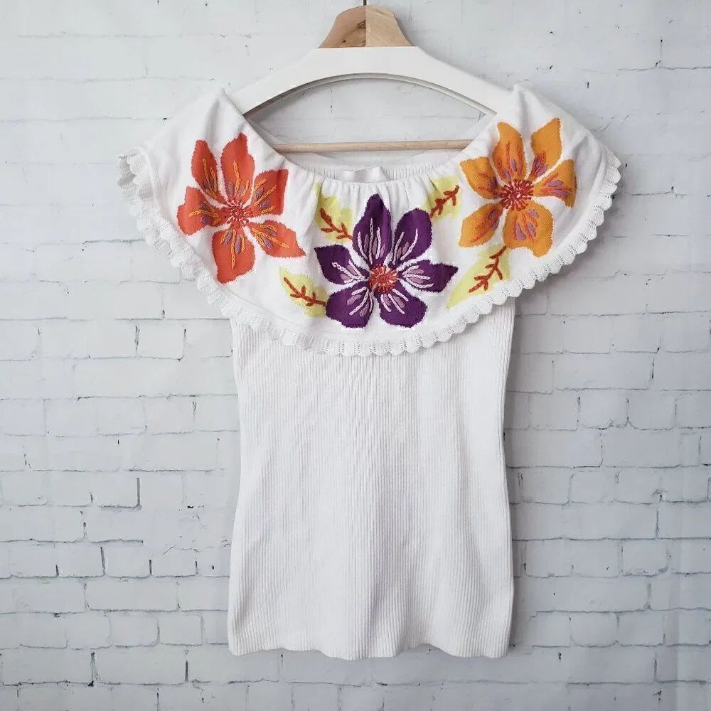 Soft Surroundings Ribbed Embroidered Top Size XS Off The Shoulder Boho Floral